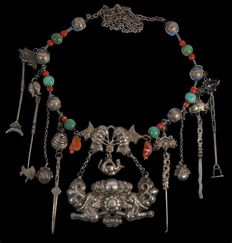 Mongolian Silver Necklace with Enamelled Silver, Turquoise & Coral Beads & Grooming Accessories ...