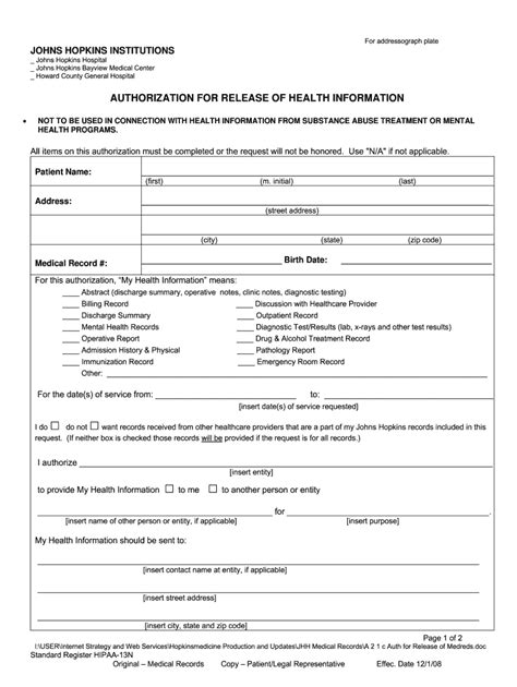 John Hopkins Medical Records Release Form - ReleaseForm.net