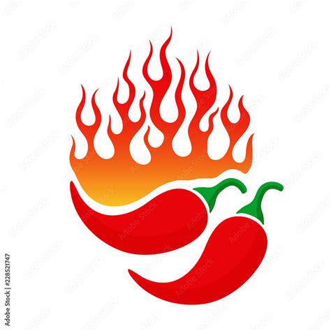 Cartoon emblem with chili pepper and blazing flames. Hot burning orange ...
