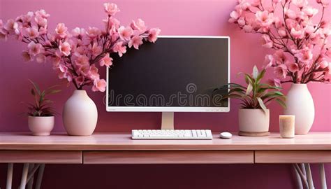 Modern Office Desk with Computer, Flower Vase, and Bookshelf Decoration ...