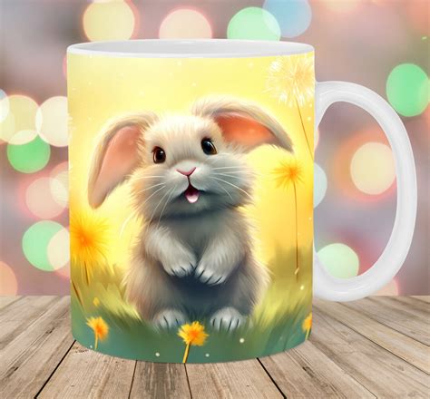 Bunny Rabbit Mug Wrap, 11oz & 15oz Mug Template, Mug Sublimation Design, Dandelions Mug Wrap ...