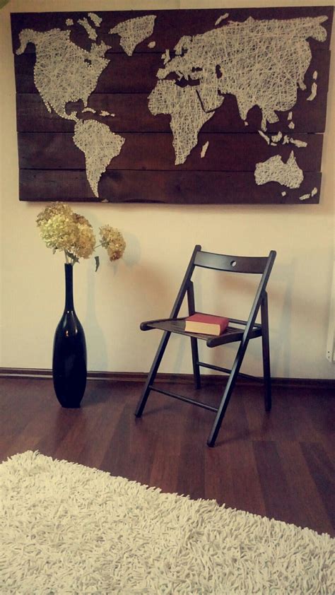 Handmade map of the world with string and wood. String Art. String Wall Art, Paper Wall Art, Diy ...