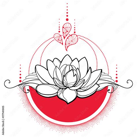 Vector drawing with outline black Lotus flower, red dots and swirls isolated on white background ...