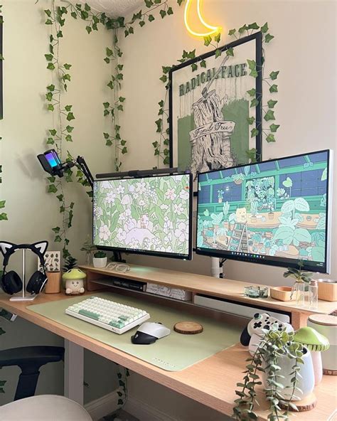 green aesthetic cozy gaming setup🌱🪴 | Room setup, White desk setup, Gaming room setup