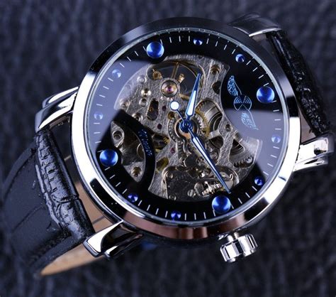 Winner Black Skeleton Designer Blue Engraving Clock Watch | Watches for men, Luxury watches for ...