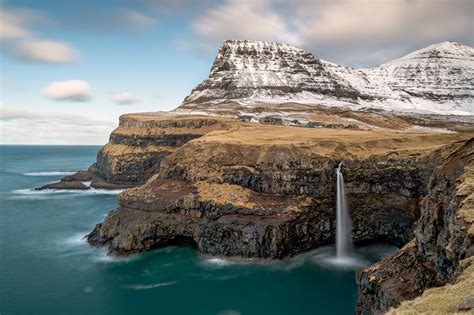 Gasadalur village and the Múlafossur waterfall, Faroe Islands