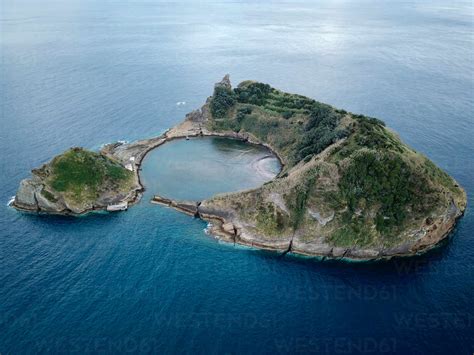 Aerial view of Islet of Vila Franca do Campo crater submerged volcano ...