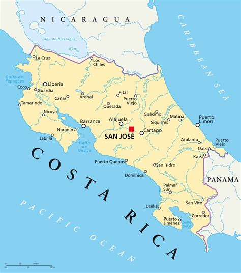 Costa Rica political map with capital San José, national borders, most ...