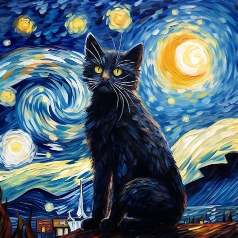 Premium Photo | Starry night painting with cat