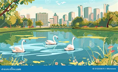 City Park Pond with Swans. White Swan on Lake, Urban Nature Landscape Stock Vector ...