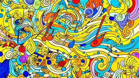 Drawing of Musical Instruments and Music Notes on Colorful Background with Swirls and Bubbles ...