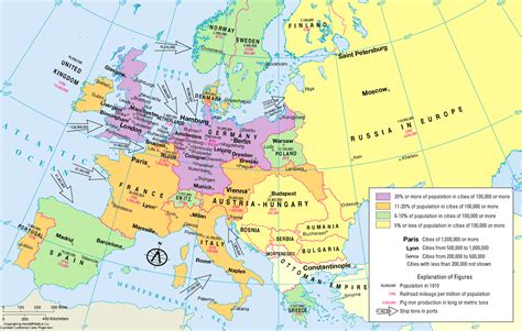 Map of Europe Showing Major Cities in 1910