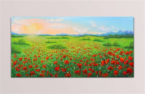 Poppy Field Painting Original, Sunrise on Panoramic Landscape, Extra ...