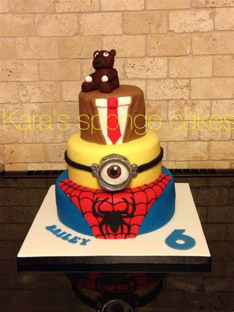 A cake for a little boy who loves Spider-Man, minions and mr bean ...