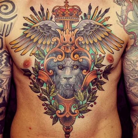 New school style large colored chest tattoo of lion with crown and wings - Tattooimages.biz