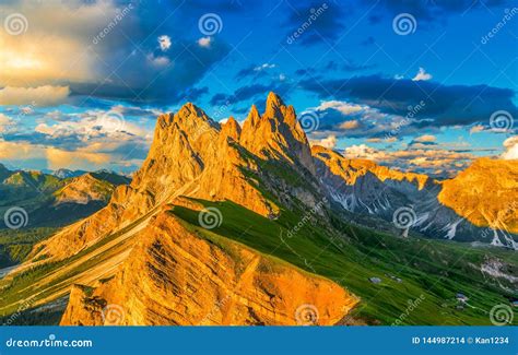 Odle Mountain Range at Sunset, Seceda, Dolomite, Italy Stock Photo - Image of mountain, nature ...