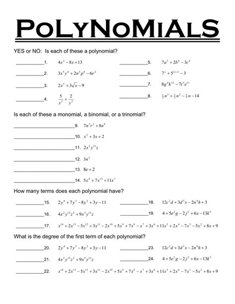 Worksheet - Polynomials (Word - )