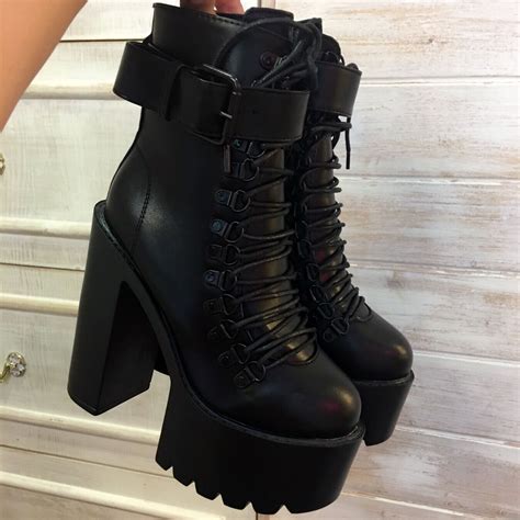 Black Square Heels Platform Boots Ankle Boots Female Lace Up Women Shoes Fashion · Eoooh ...