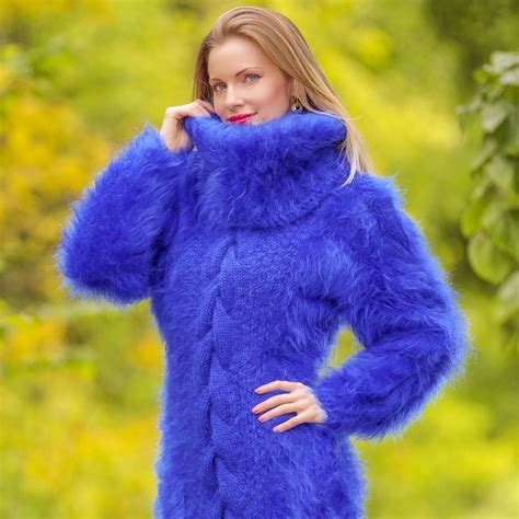 Fuzzy 100% hand knitted mohair sweater dress in blue for lady, size S ...