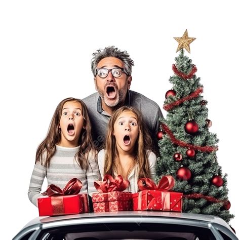 A Father And Daughters At The Car With A Christmas Tree Look Away With A Surprised Face, Snow ...