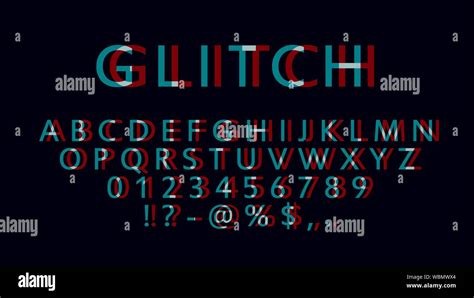 English letters, numbers and symbols with glitch effect. Font witn distortion effect. Red and ...