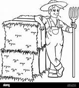 cartoon Farmer Character Wearing Overalls And Hat Holding pitchfork  sketch template