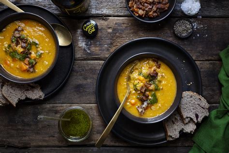 Kumara Bacon & Red Lentil Soup with Celery Leaf Pistou