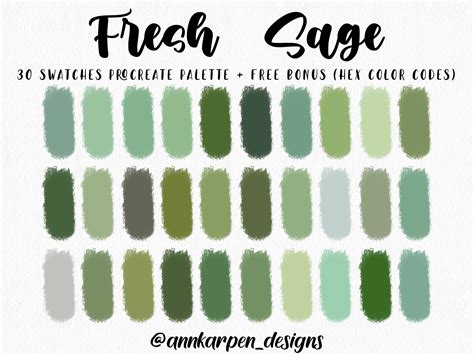 Fresh Sage Procreate Palette, 30 HEX Color Codes, Instant Digital ...