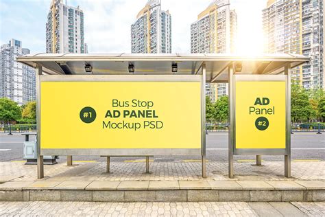 Free Bus Stop Shelter Advertising Panels Mockup PSD - Good Mockups