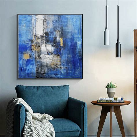 Large Blue Abstract Canvas Painting,Minimalist Abstract Painting,White ...