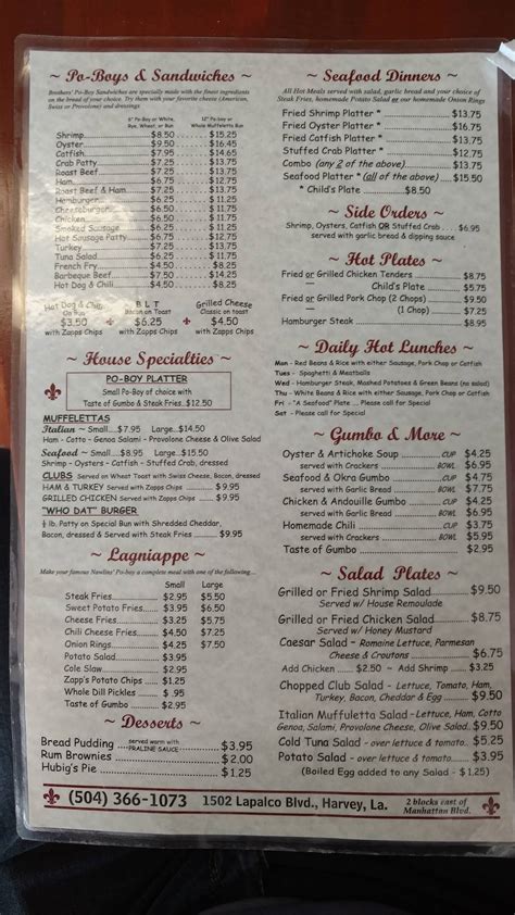 Menu at Brothers “Ole New Orleans” Cafe, Harvey