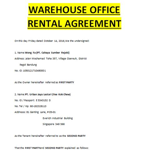 Warehouse Rental Agreement Template