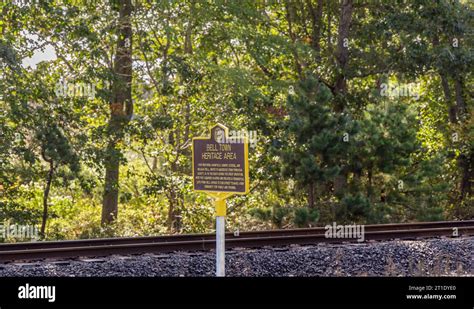 NY State historical sign for the Bell Town Hertiate area Stock Photo ...