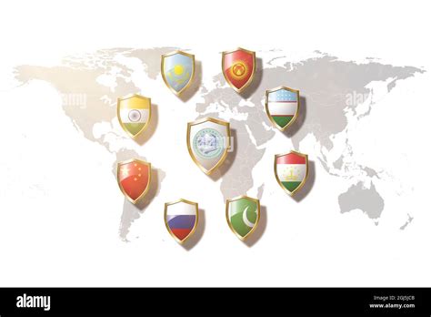 Shanghai Cooperation Organization (SCO) countries flags in golden shield on world map background ...