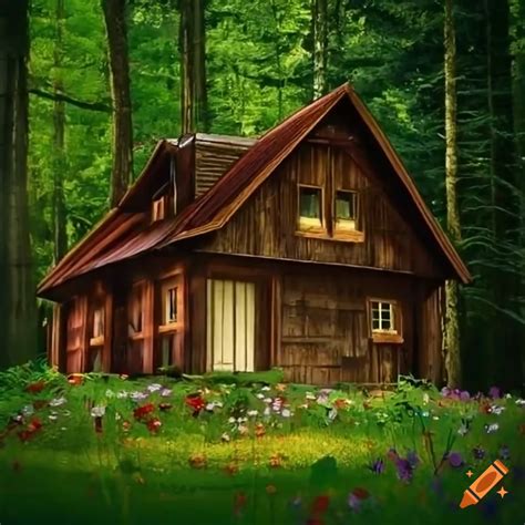 A wooden house in a green forest with pleasant weather and colorful flowers on Craiyon