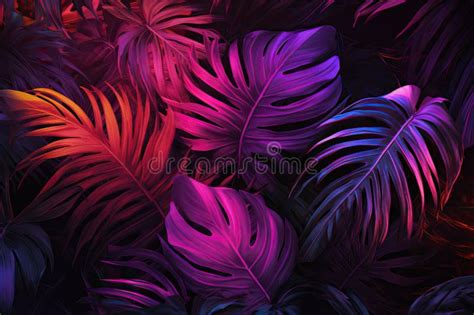 Bright Neon Tropical Palm Background Leaves Pink and Dark Jungle Texture Stock Illustration ...