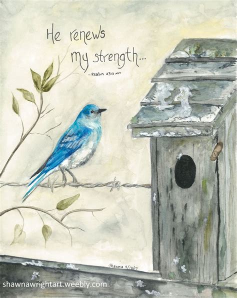 shawnawrightart.com/watercolor painting mountain bluebird on fence birdhouse Bible Promise ...