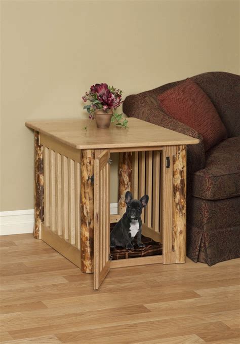 Medium Wood Dog Crate End Table with Log Post by pinnaclewc