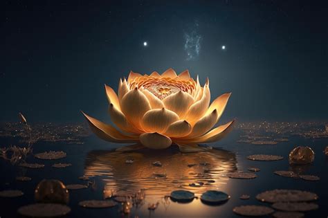 Premium Photo | Golden lotus rose blooms at night in the water in the swamp Fantasy magic flower ...