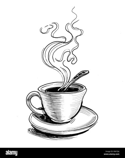 Hot cup of tea on a saucer. Ink black and white drawing Stock Photo - Alamy