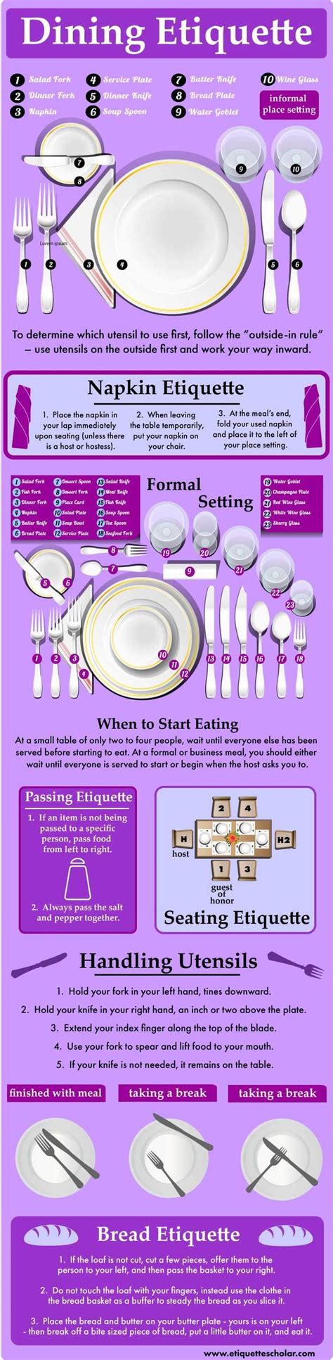a purple and white poster with different types of plates, knives, spoons and utensils