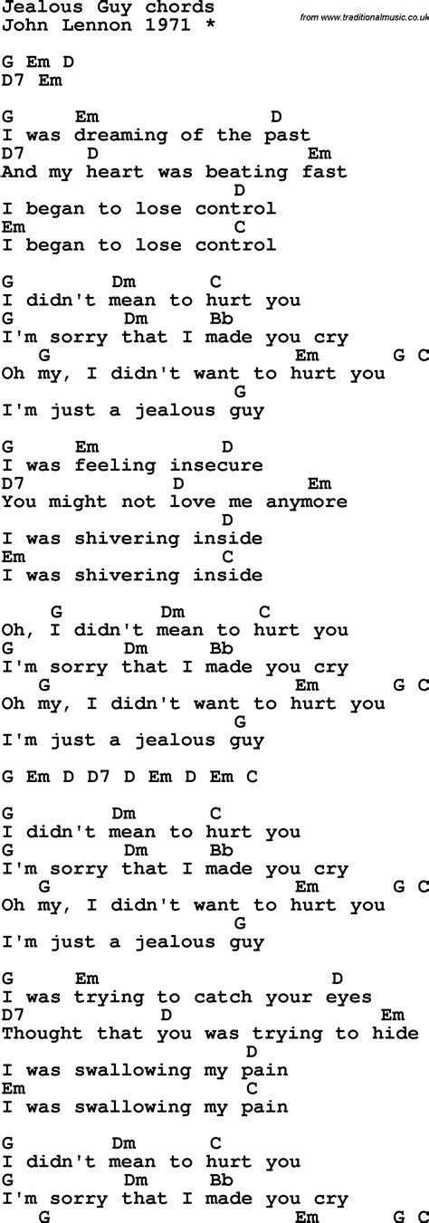 Song lyrics with guitar chords for Jealous Guy