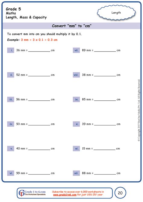 Grade 5 Conversion mm to cm Worksheets|www.grade1to6.com