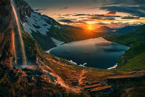 nature, Photography, Landscape, Waterfall, Lake, Mountains, Snow, Clouds, Sky, Norway, Sunrise ...