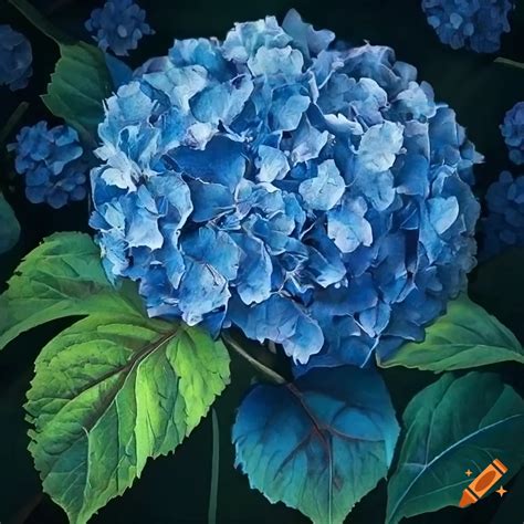 Photo-real art nouveau painting of hydrangea leaves