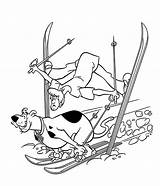 A Black And White cartoon Drawing Of Man skiing With Dog On His Back sketch template
