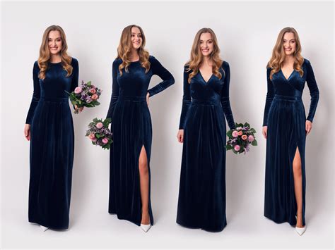 Navy Blue Velvet Long Dress Bridesmaid Velvet Dress Wedding - Etsy