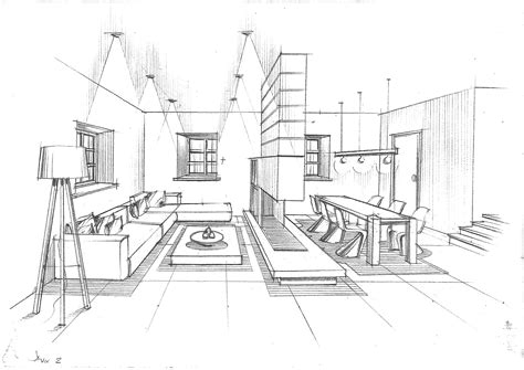 Modern living room, college project, urban design, industrial home, … | Perspective drawing ...