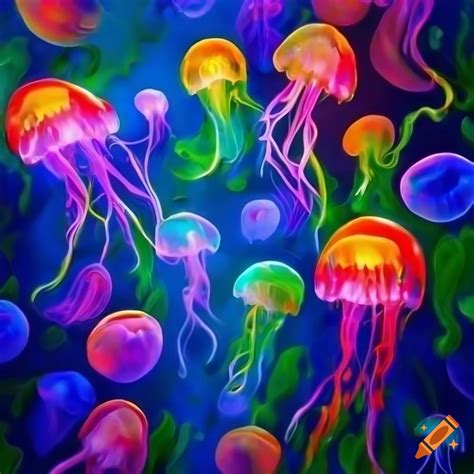 Colorful jellyfish among vibrant seaweeds