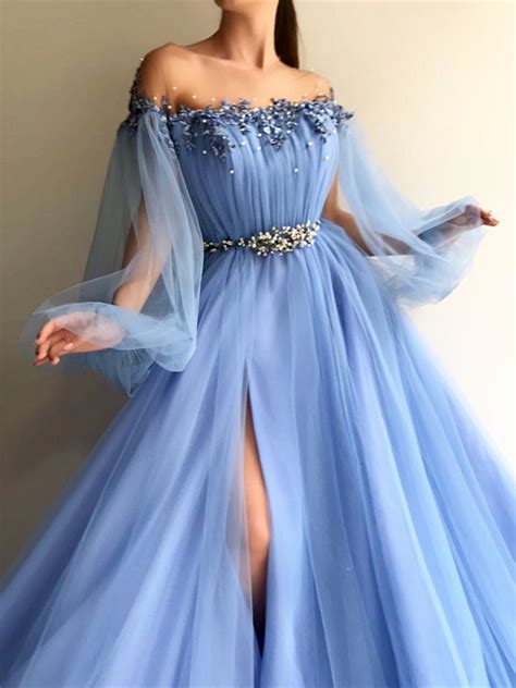 Custom Made Round Neck Baby Blue Tulle Long Sleeves Prom Dresses, Blue ...